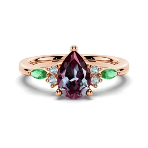1.5 CT. Pear Shaped Alexandrite Engagement Ring With Emerald Accents