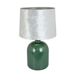 27 Inch Table Lamp, Drum Shade, Round Drop Shaped Glass Body, Green Finish By Casagear Home