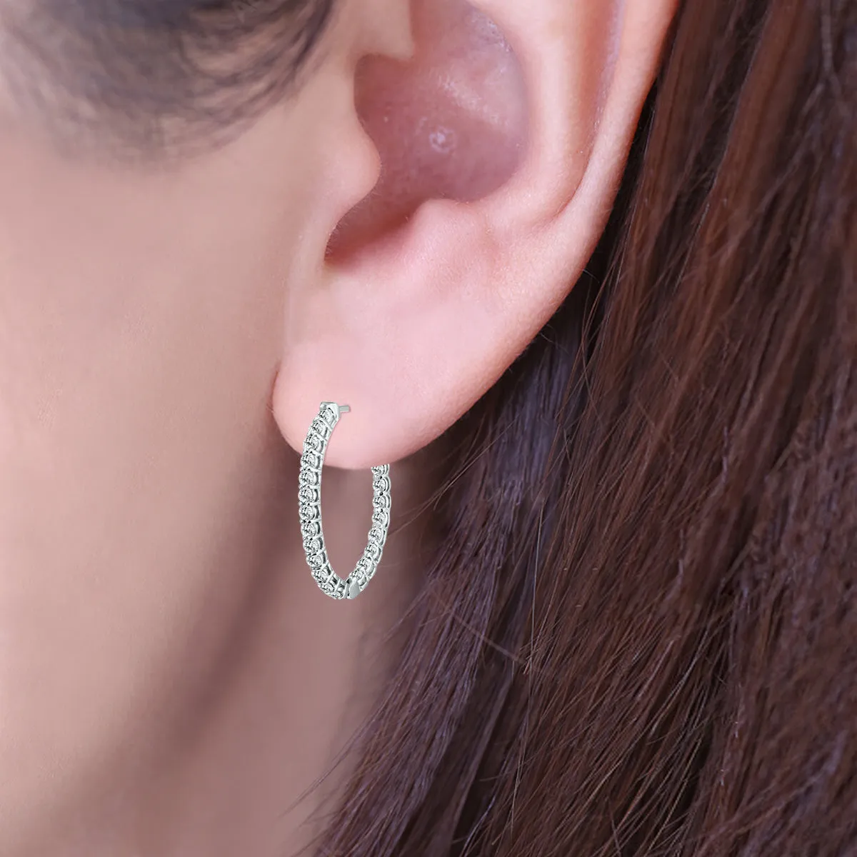 3 Ctw Oval Natural Diamond Hoop Earrings With Push Button Locks In 14K White Gold