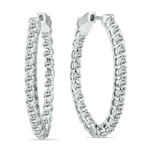 3 Ctw Oval Natural Diamond Hoop Earrings With Push Button Locks In 14K White Gold