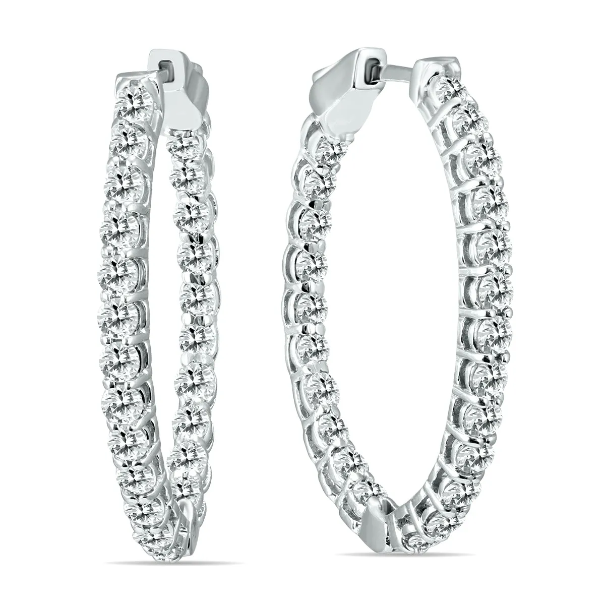 3 Ctw Oval Natural Diamond Hoop Earrings With Push Button Locks In 14K White Gold