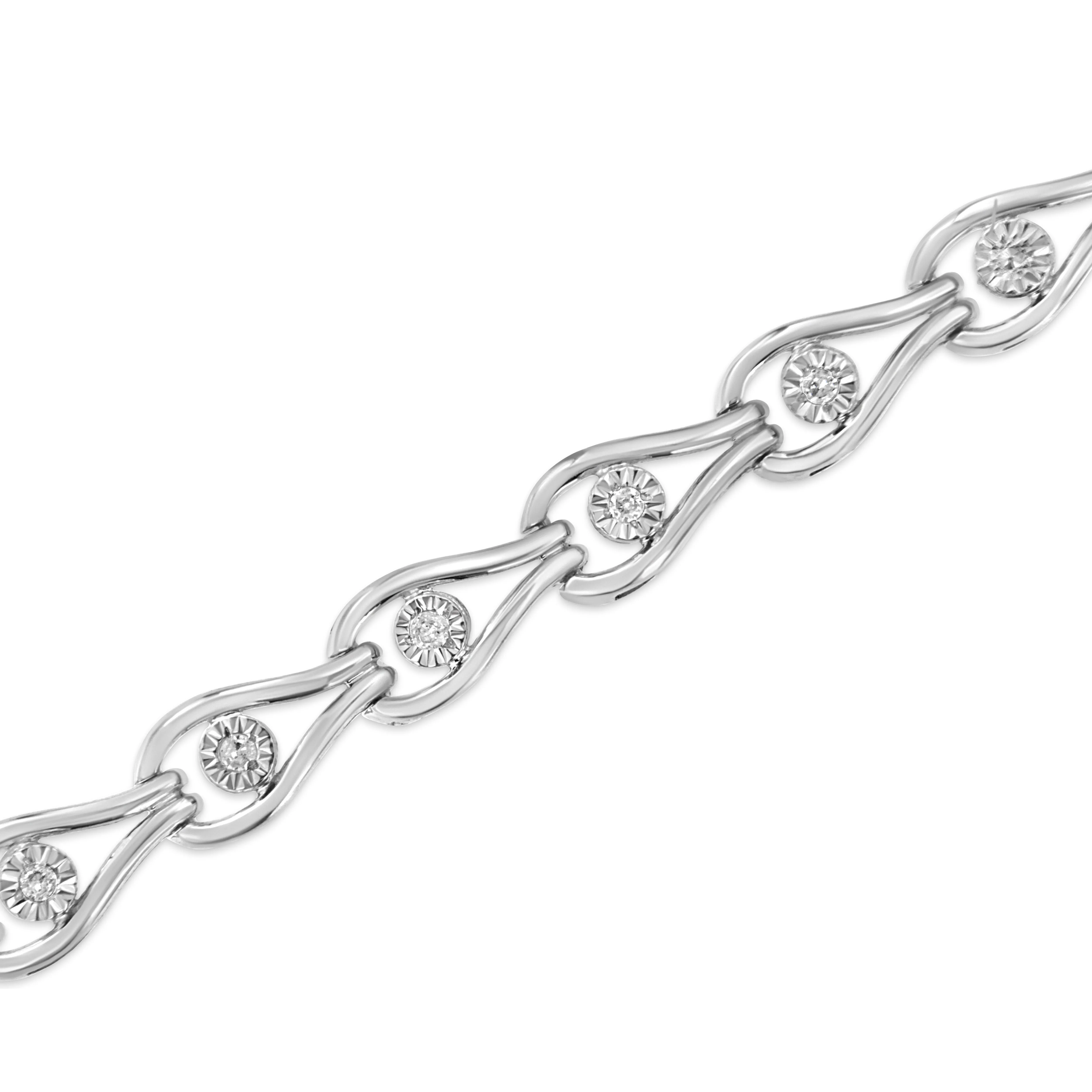 .925 Sterling Silver 1/10 Cttw Miracle-Set Diamond Pear Shape and Bezel Link Bracelet