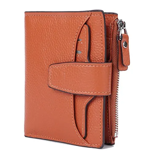AINIMOER Women's RFID Blocking Leather Small Compact Bi-fold Zipper Pocket Wallet Card Case Purse(Lichee Sorrel)