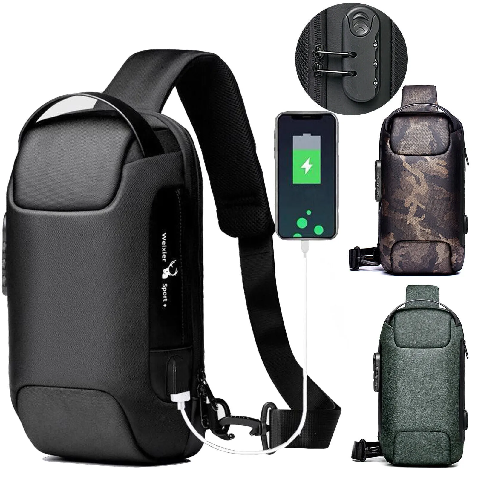 Anti Theft Sling Bag Chest Bag Crossbody Backpack w/ USB Charge Port