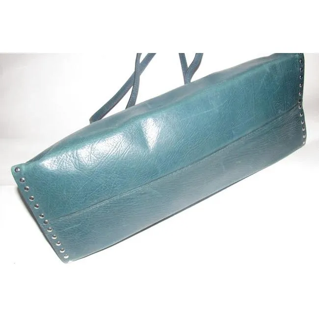 Bally Teal Blue Leather Satchel With Chrome Studded Accents