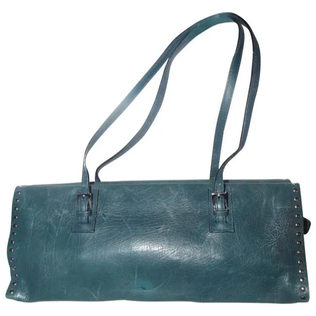 Bally Teal Blue Leather Satchel With Chrome Studded Accents