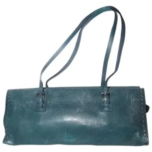 Bally Teal Blue Leather Satchel With Chrome Studded Accents