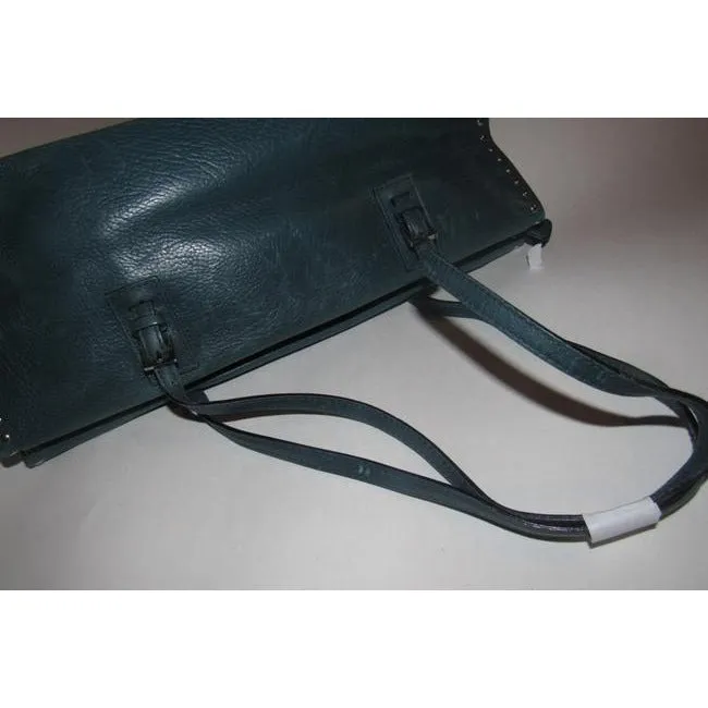 Bally Teal Blue Leather Satchel With Chrome Studded Accents