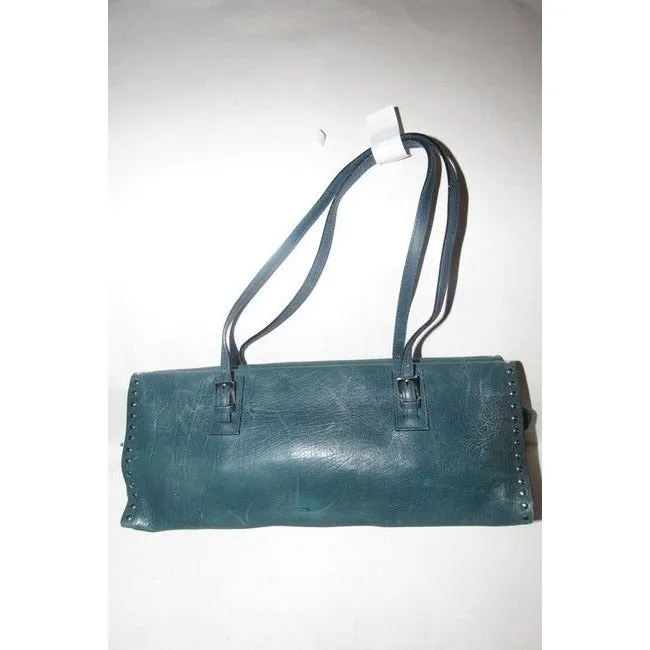Bally Teal Blue Leather Satchel With Chrome Studded Accents