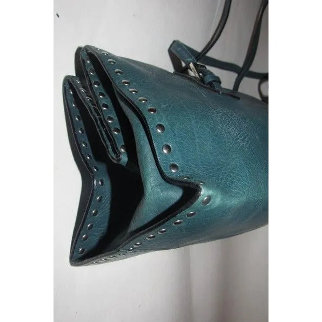 Bally Teal Blue Leather Satchel With Chrome Studded Accents
