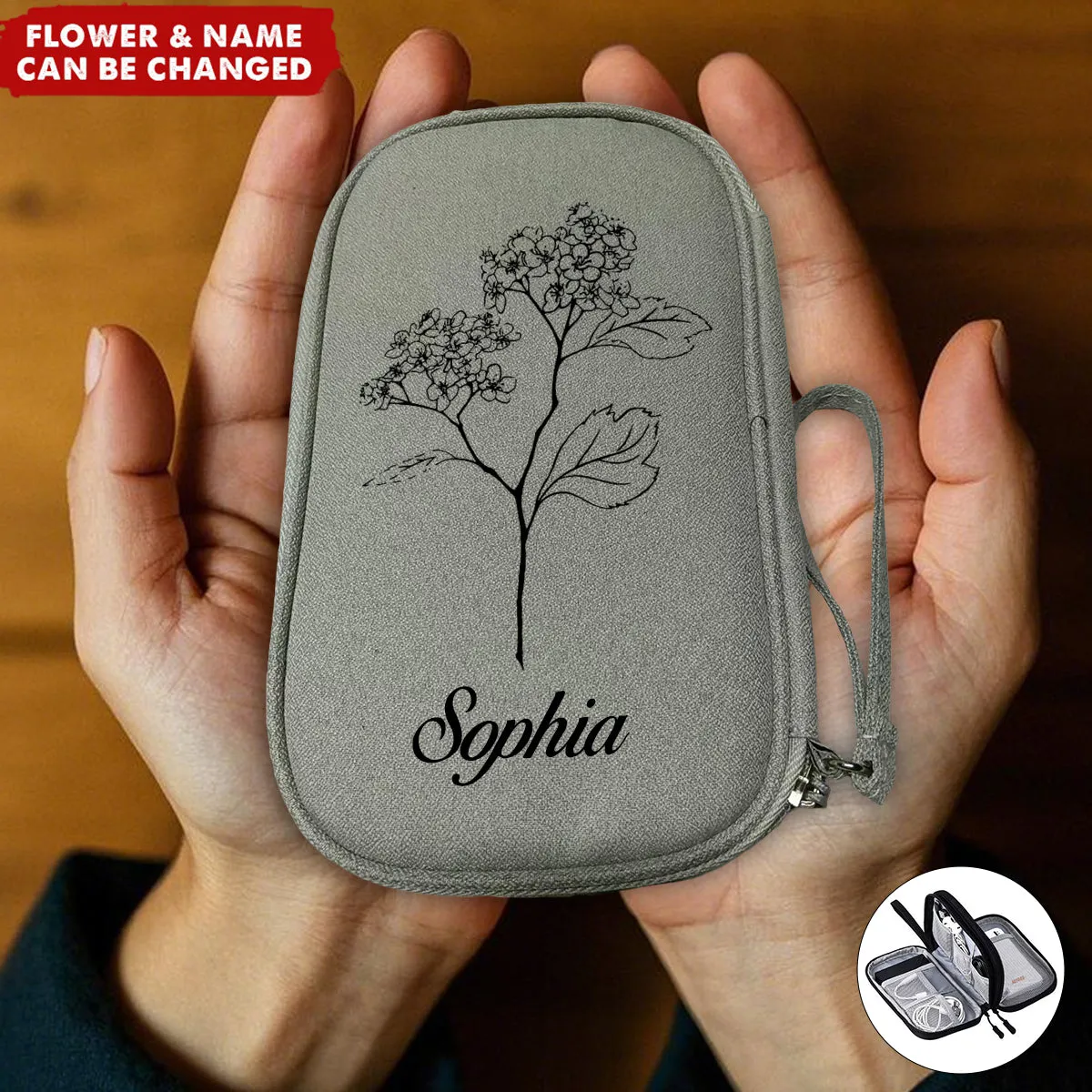 Birth Flower Electronic Accessories Cable 2-Layered Travel Personalized Organizer Bag