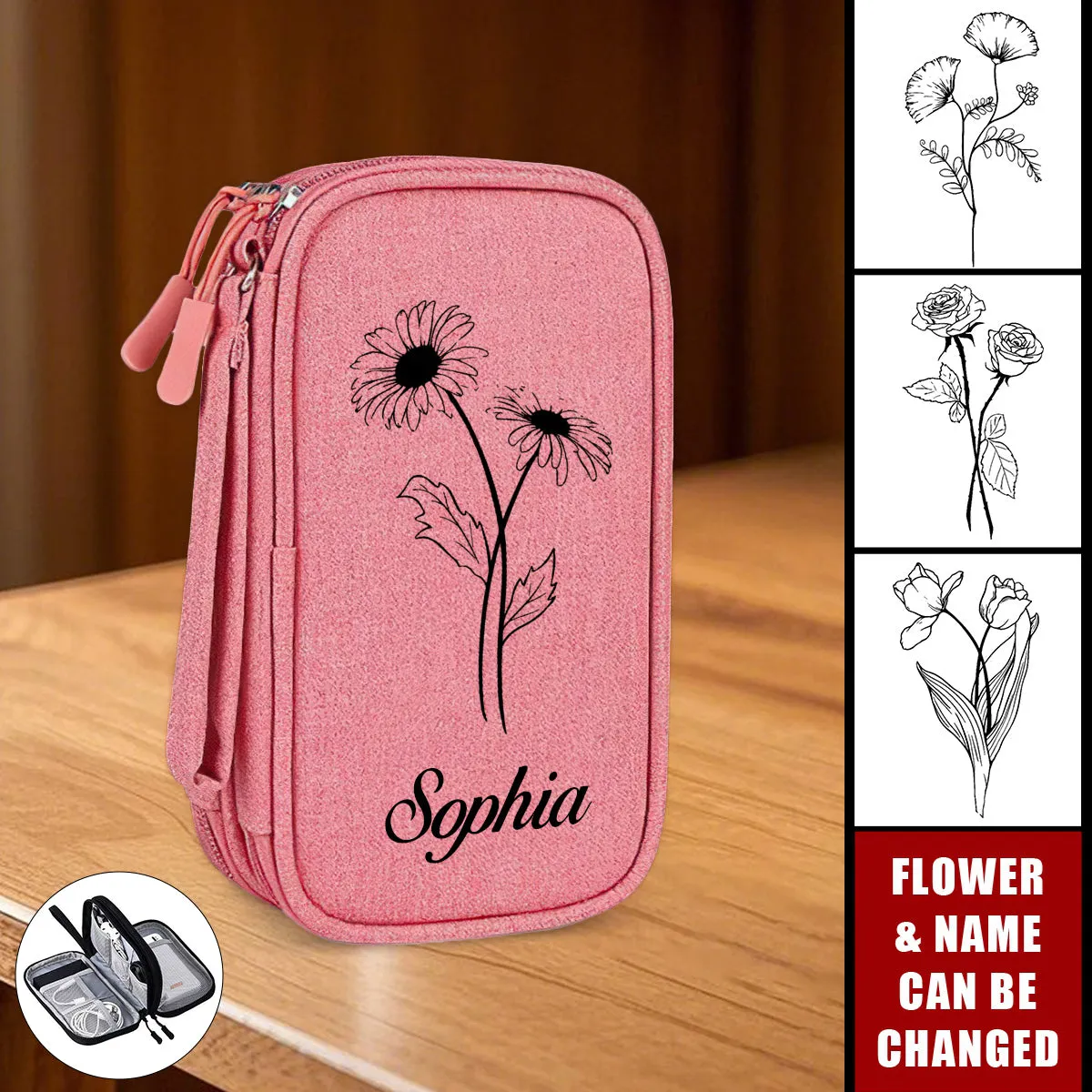 Birth Flower Electronic Accessories Cable 2-Layered Travel Personalized Organizer Bag