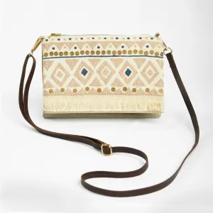 Boho Sling bag, Linen &amp; off white, embroidered with fringe