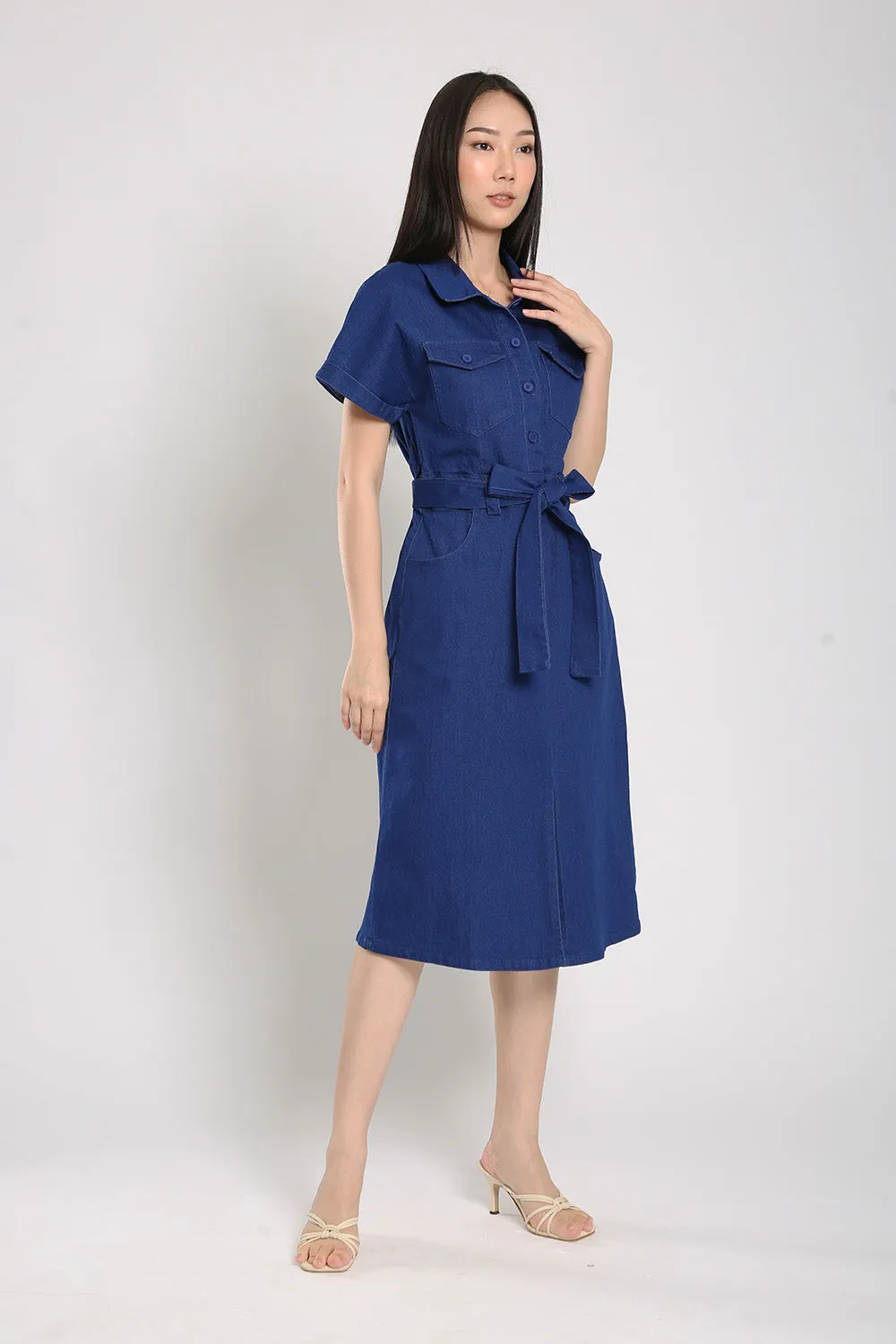 Cassia Midi Dress in Blue Denim
