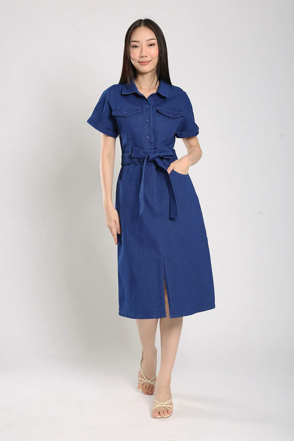 Cassia Midi Dress in Blue Denim