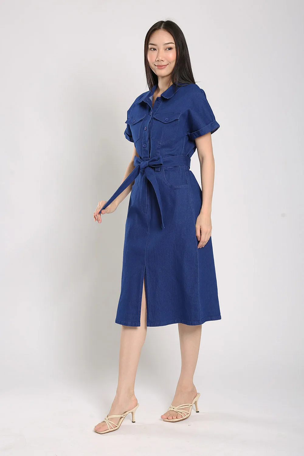 Cassia Midi Dress in Blue Denim