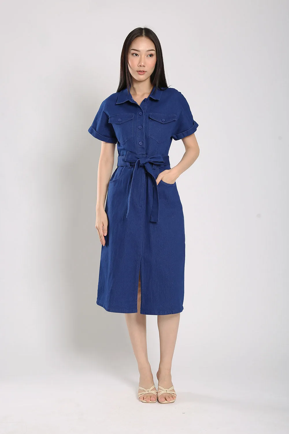 Cassia Midi Dress in Blue Denim
