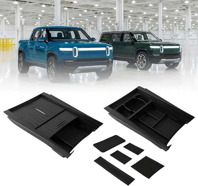Center Console Organizer for Rivian Cup Holder - Tesmirror Lower Center Console Organizer Tray for Rivian R1T R1S 2022 2023 2024 Accessories Closed Storage Box ABS Material Dustproof 𝗡𝗲𝘄 𝗠𝗼𝗱𝗲𝗹