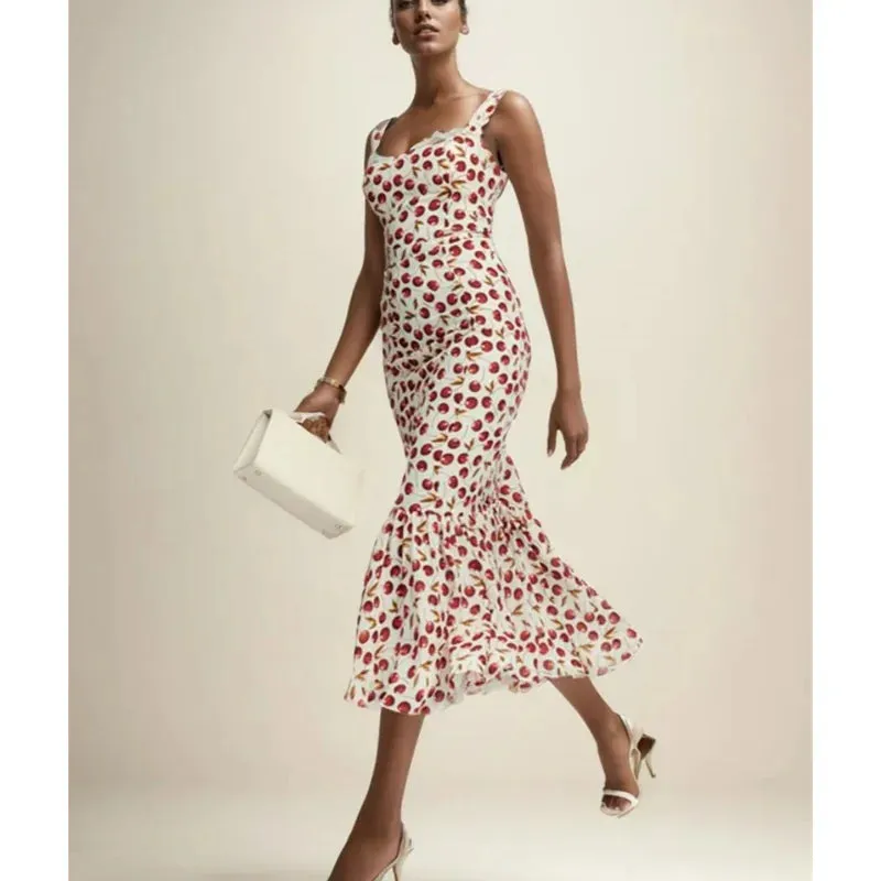 Cherry Print Stylish Strap Midi Dress