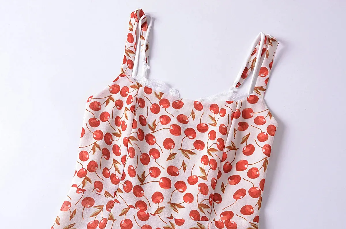 Cherry Print Stylish Strap Midi Dress