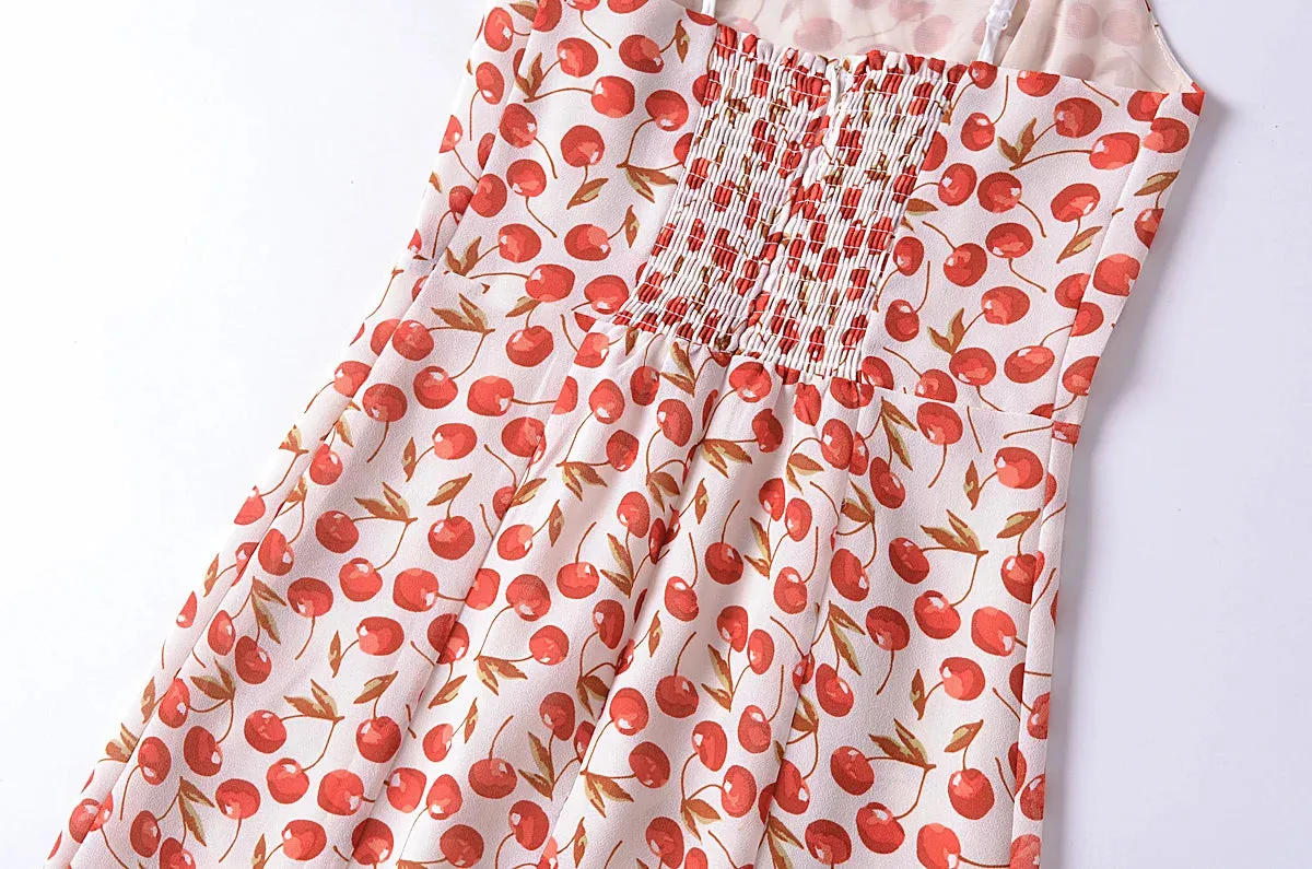 Cherry Print Stylish Strap Midi Dress