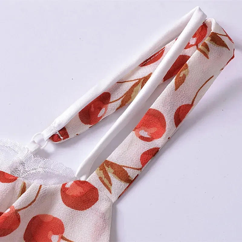 Cherry Print Stylish Strap Midi Dress