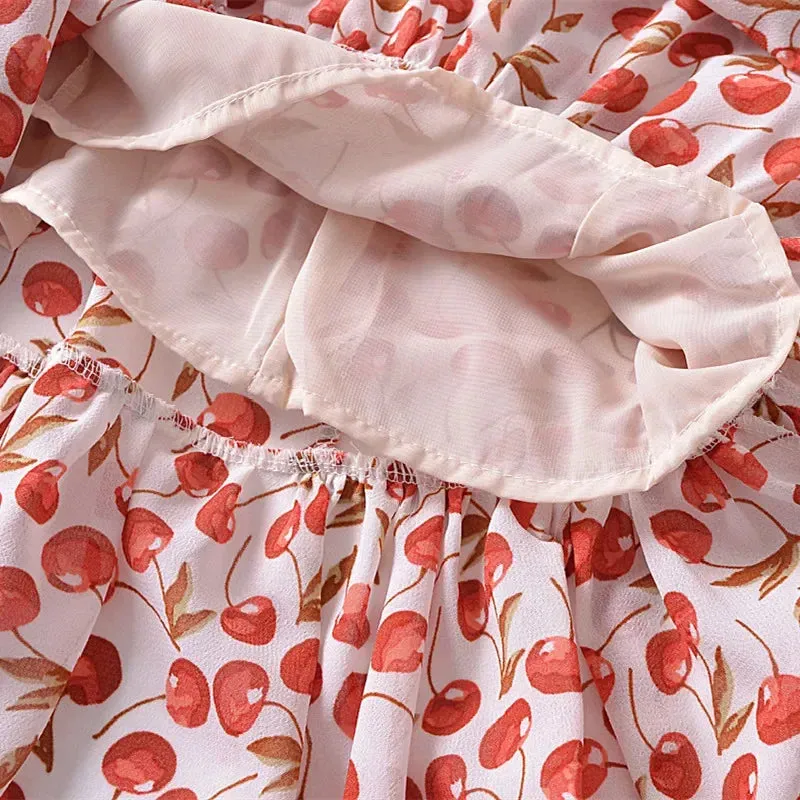 Cherry Print Stylish Strap Midi Dress
