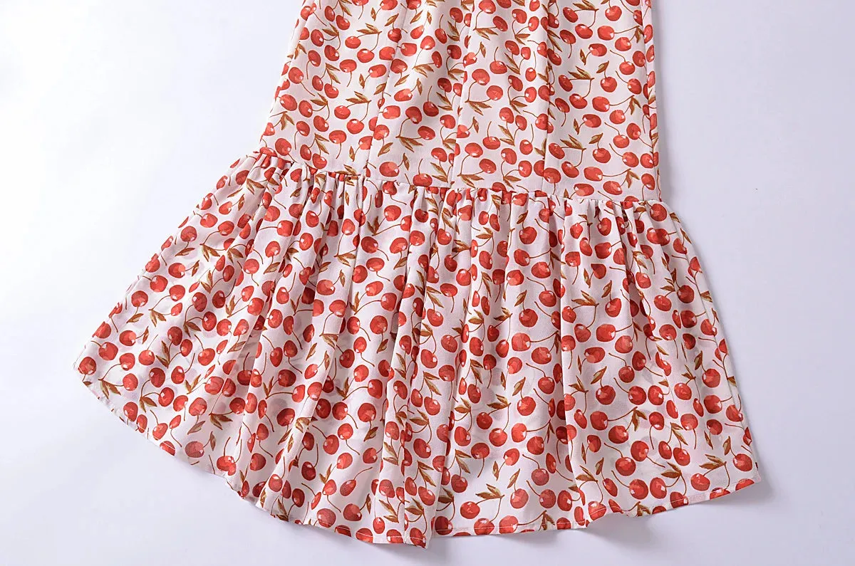 Cherry Print Stylish Strap Midi Dress
