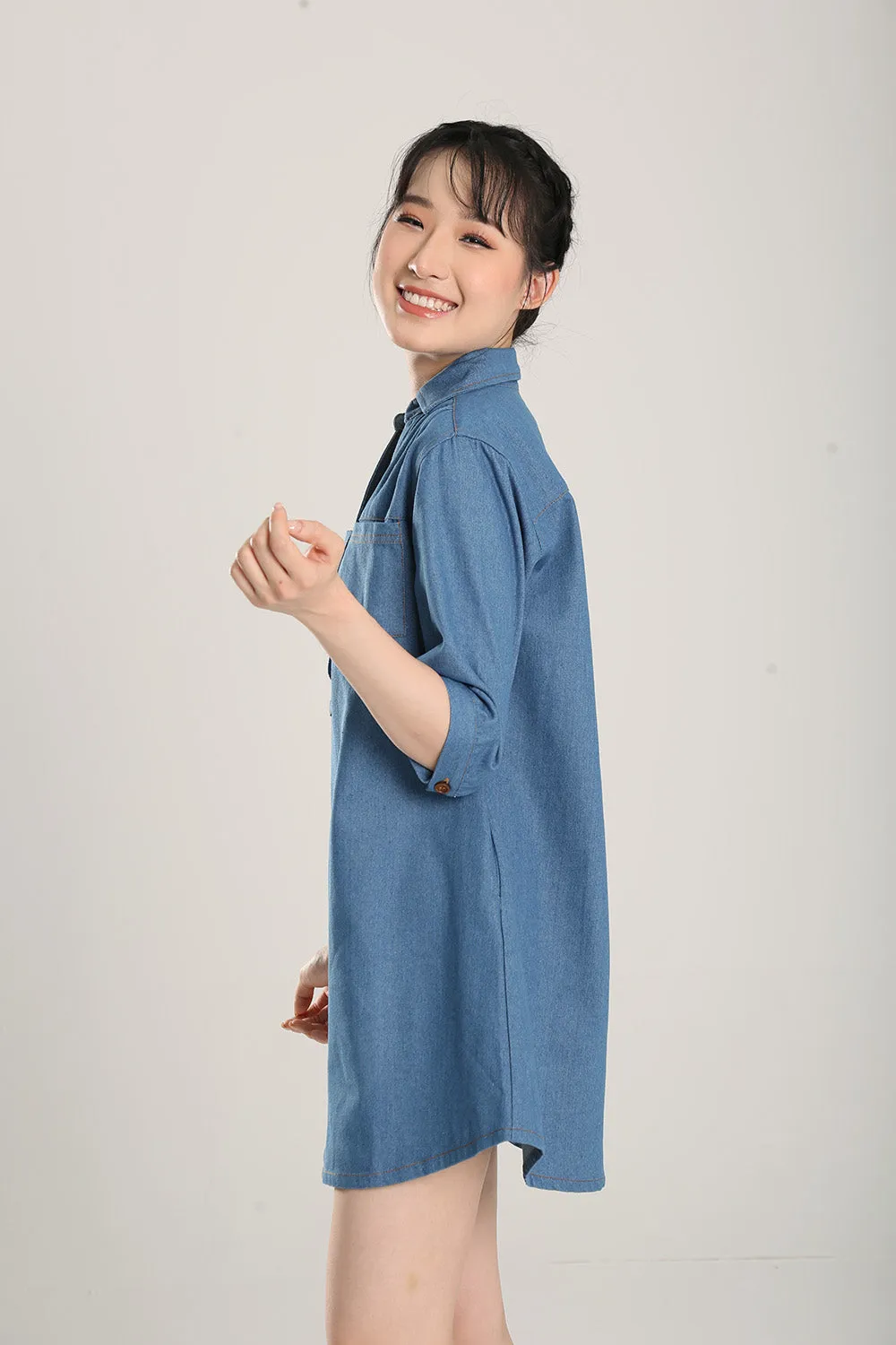 Ciely Collar Denim Shirt Dress in Mid Wash