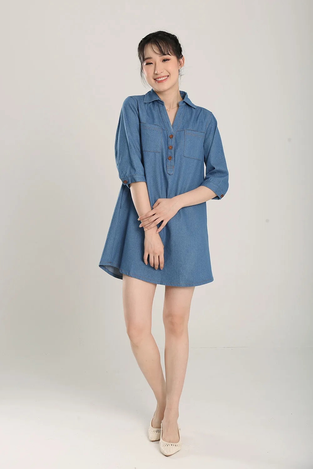 Ciely Collar Denim Shirt Dress in Mid Wash