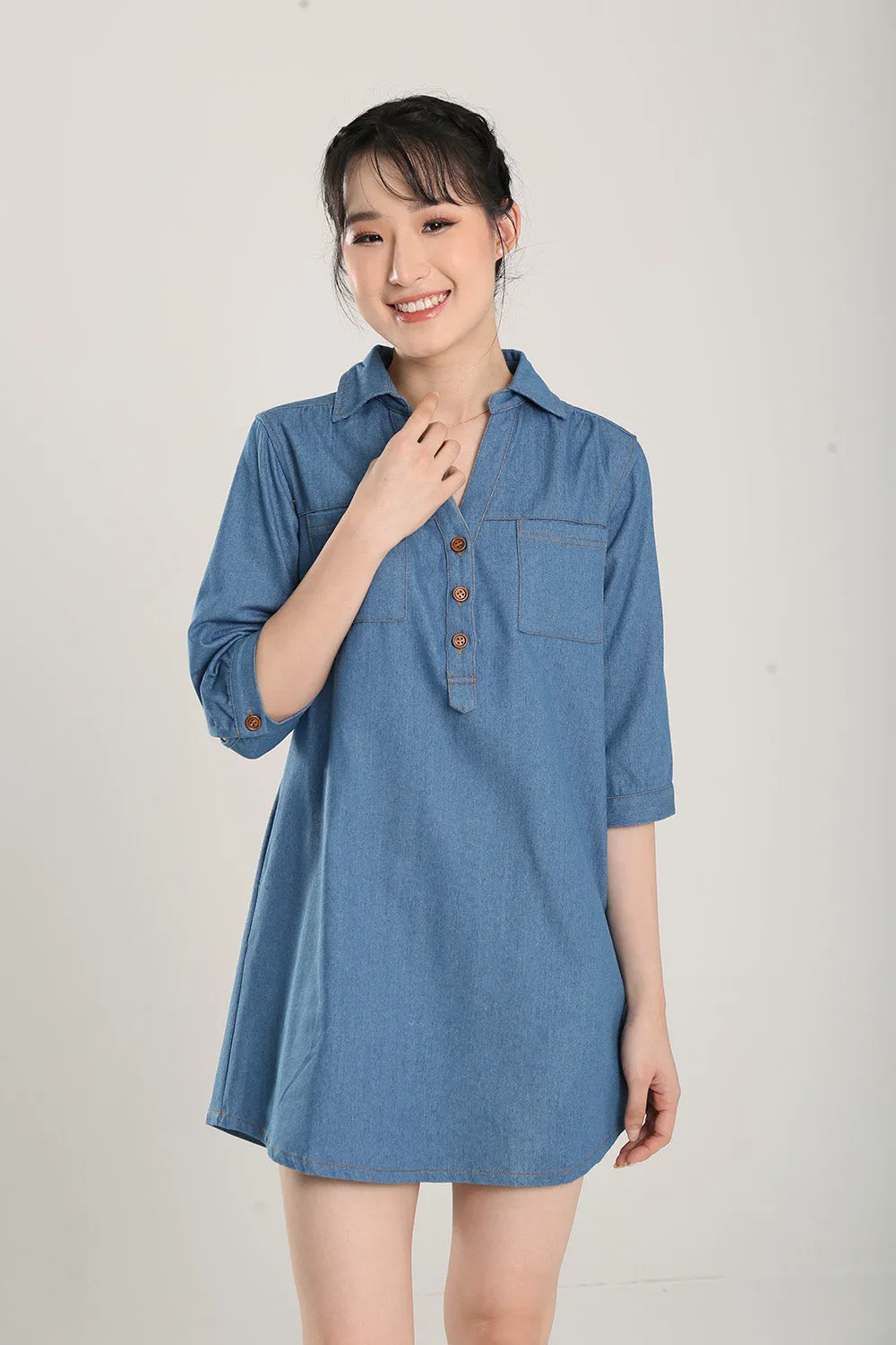 Ciely Collar Denim Shirt Dress in Mid Wash