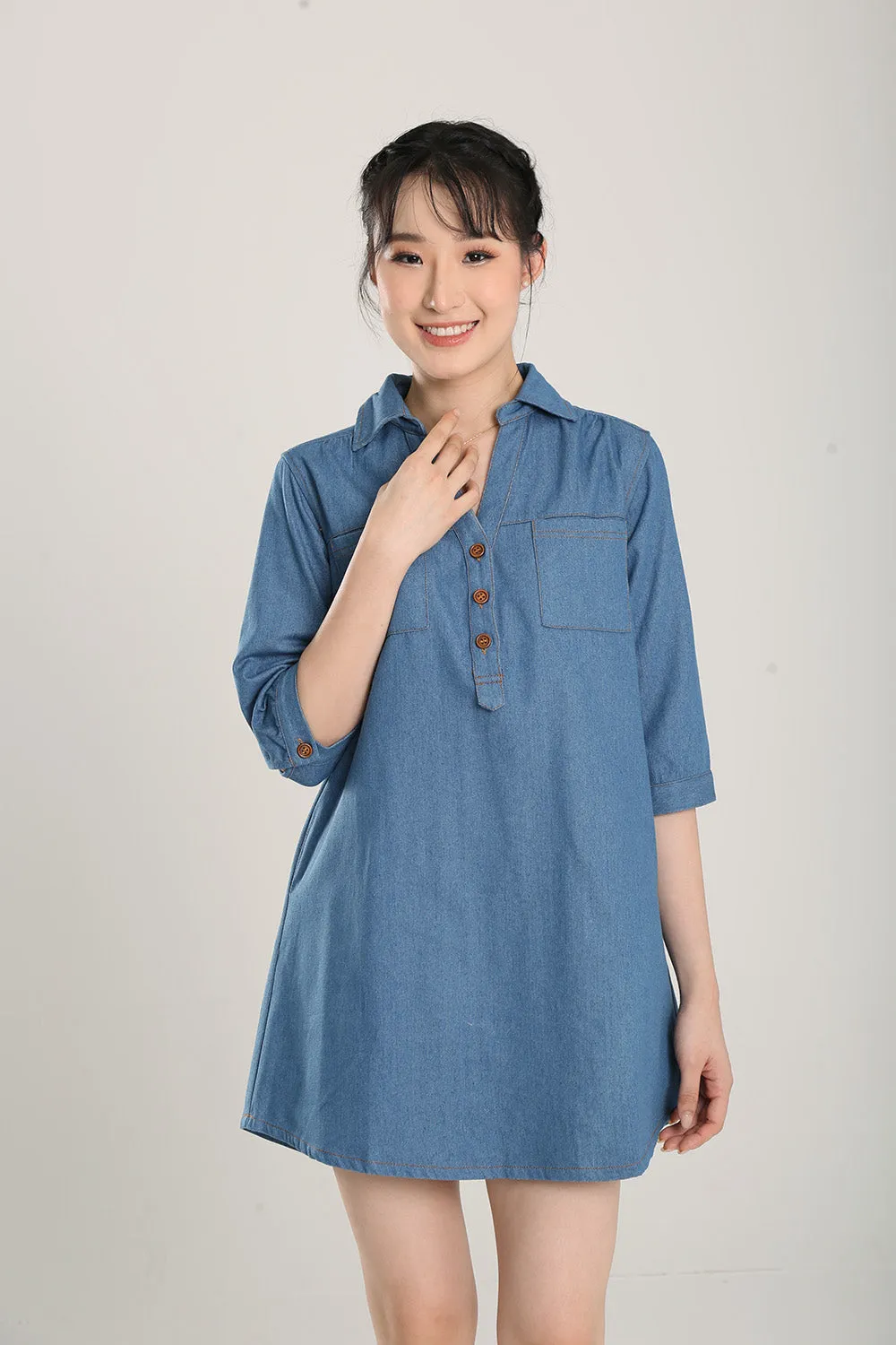 Ciely Collar Denim Shirt Dress in Mid Wash