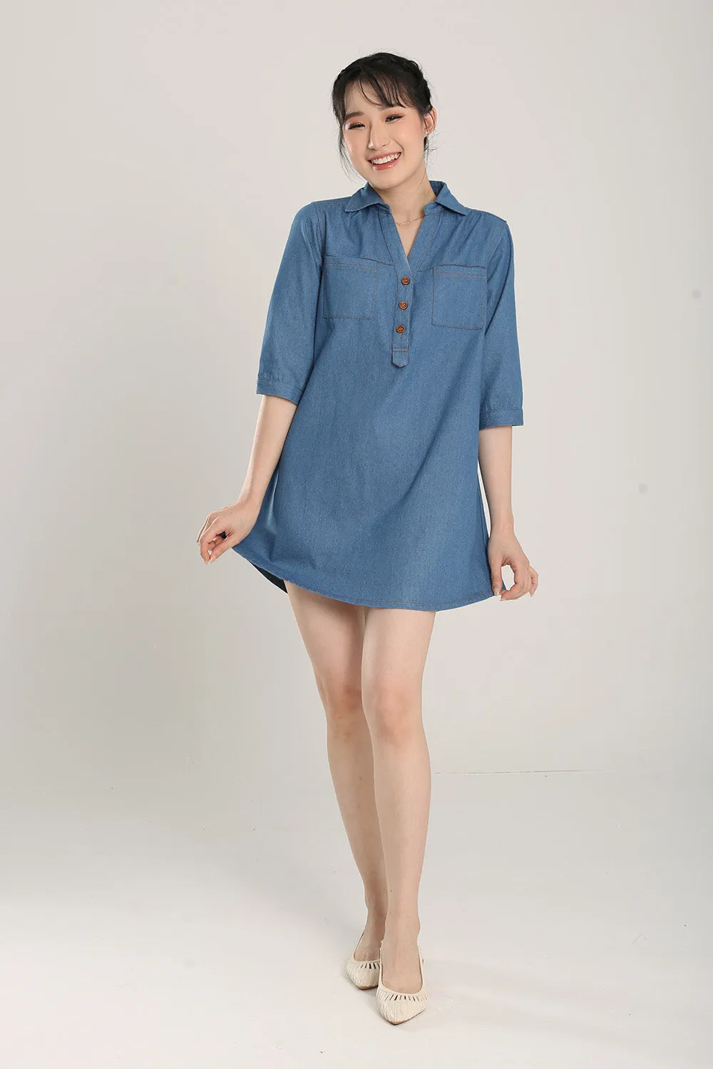 Ciely Collar Denim Shirt Dress in Mid Wash