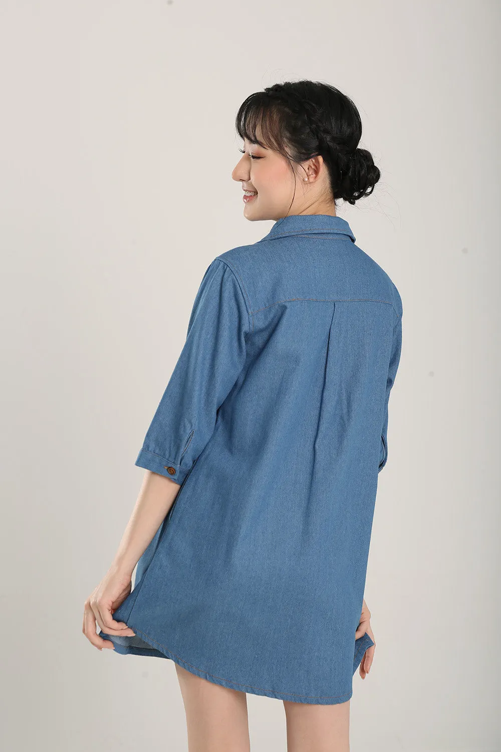 Ciely Collar Denim Shirt Dress in Mid Wash