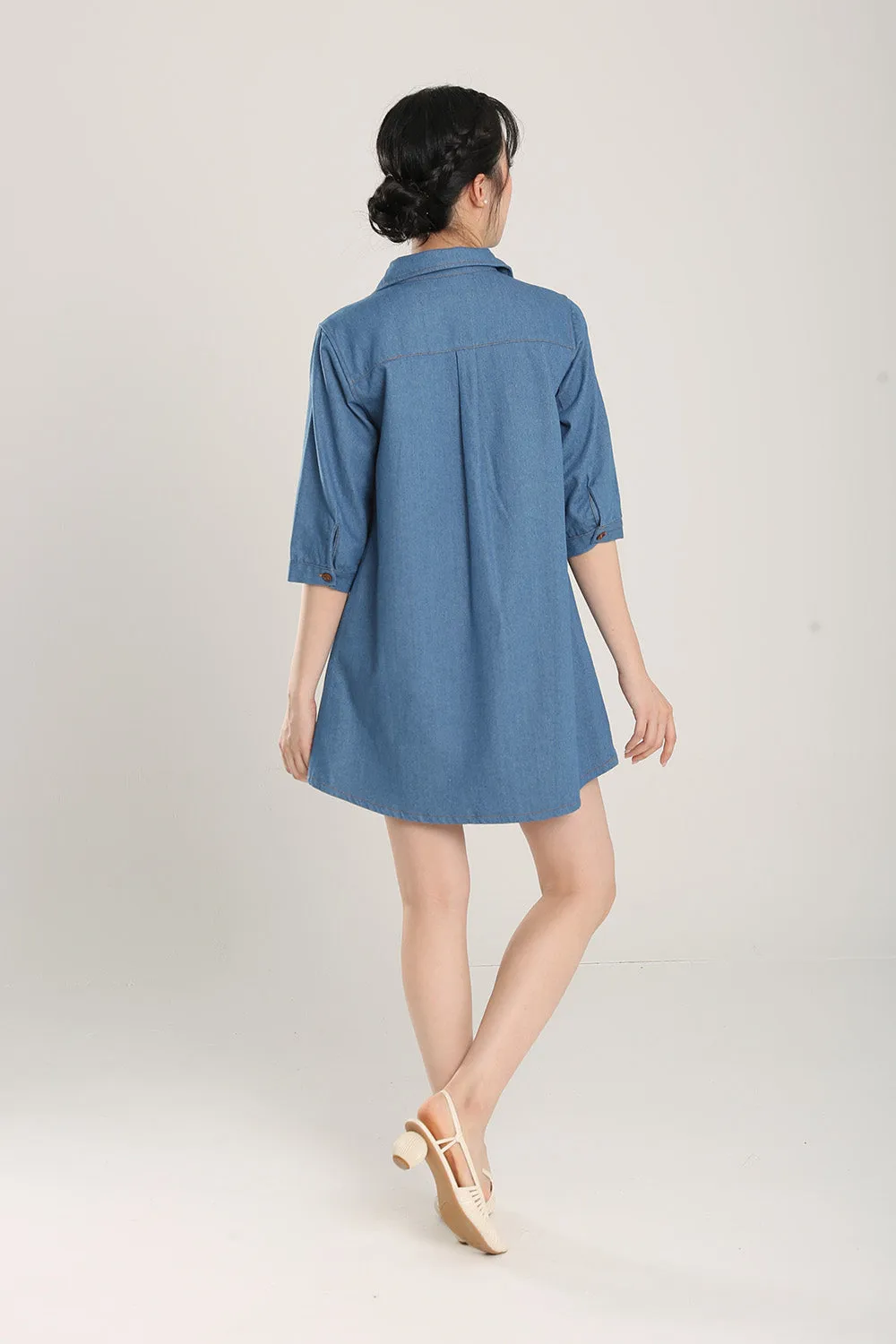 Ciely Collar Denim Shirt Dress in Mid Wash