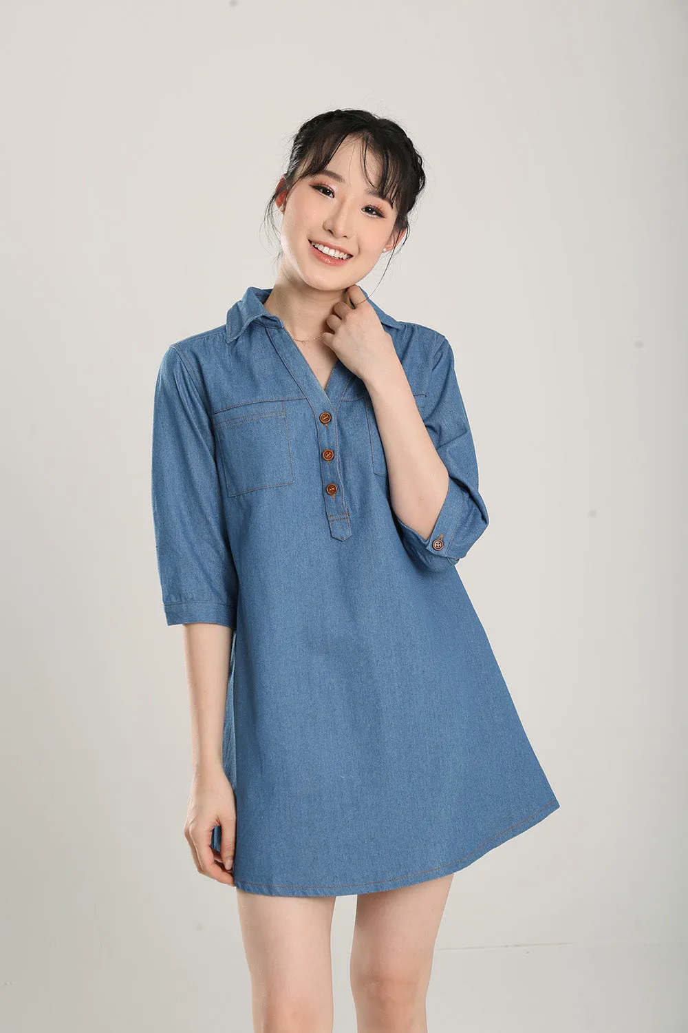 Ciely Collar Denim Shirt Dress in Mid Wash