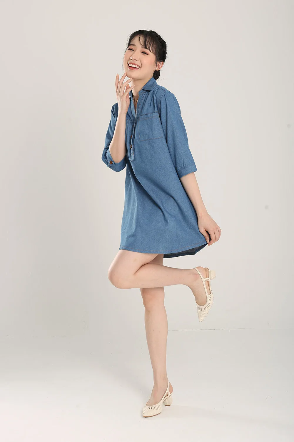 Ciely Collar Denim Shirt Dress in Mid Wash