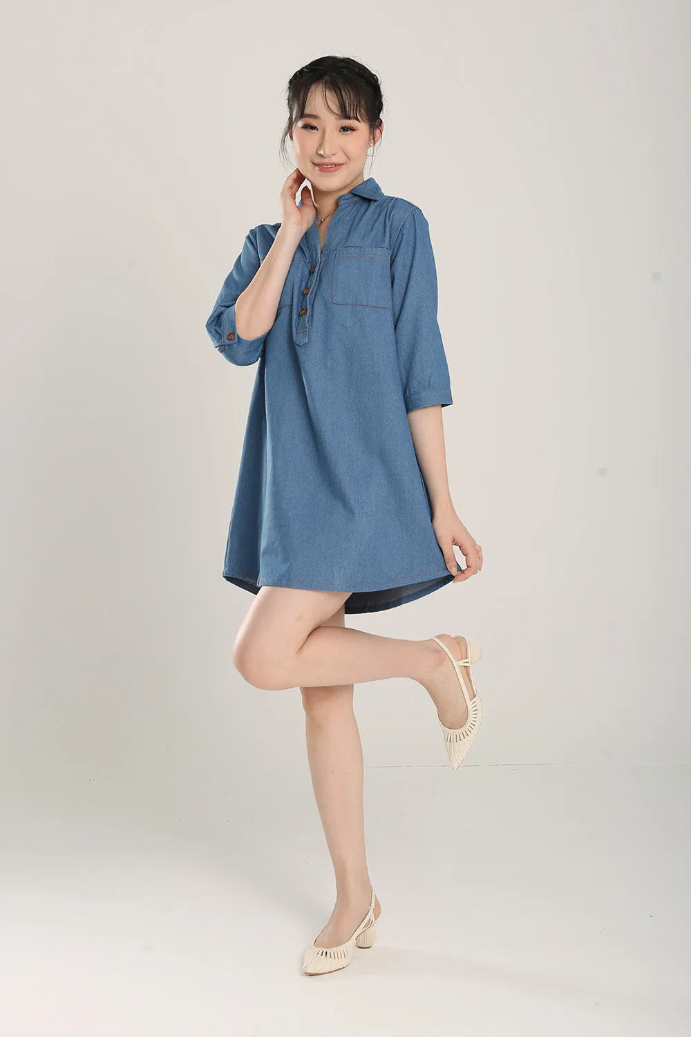 Ciely Collar Denim Shirt Dress in Mid Wash
