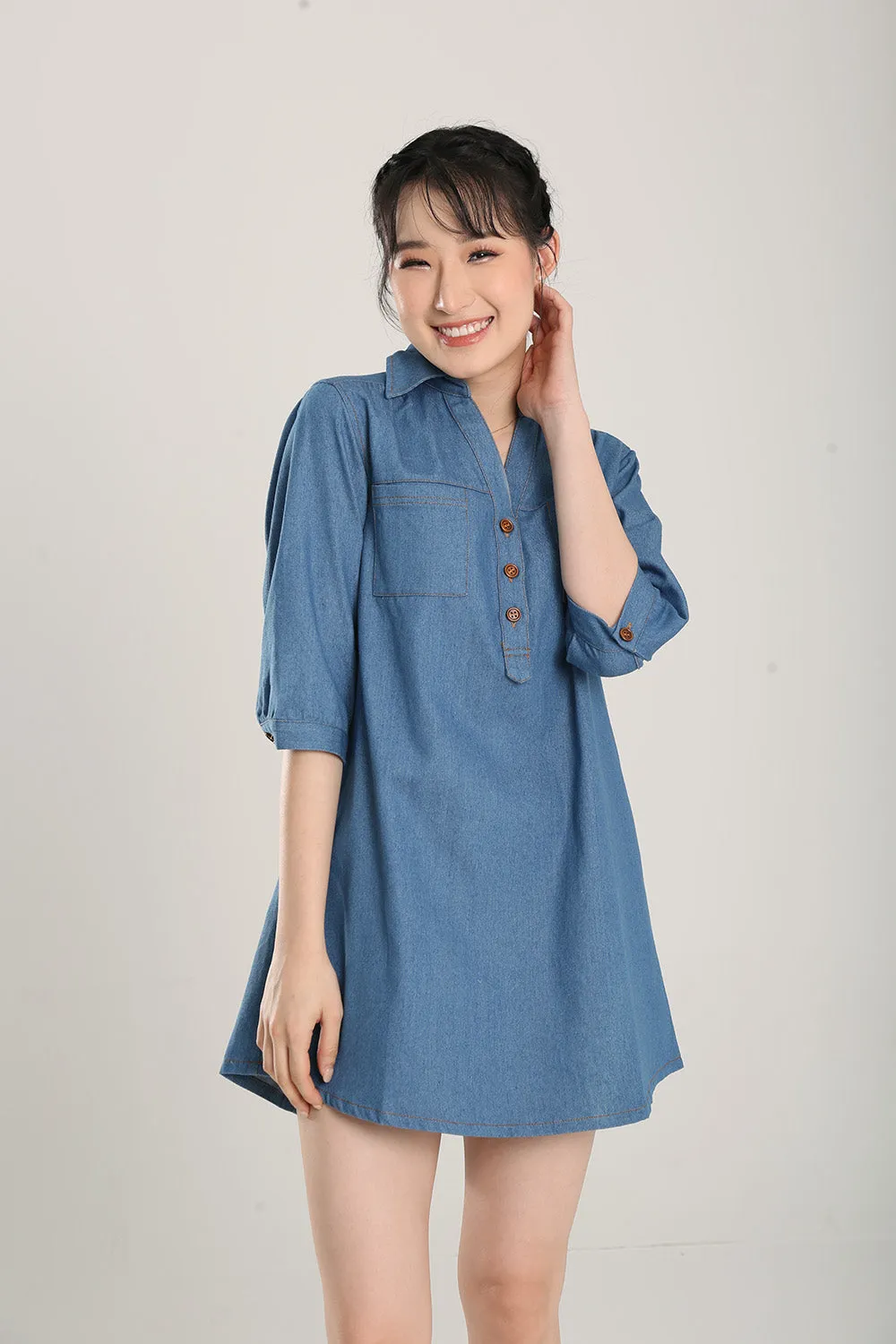 Ciely Collar Denim Shirt Dress in Mid Wash