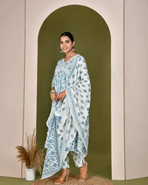 Cotton Alia cut embroidered casual pant set Blue