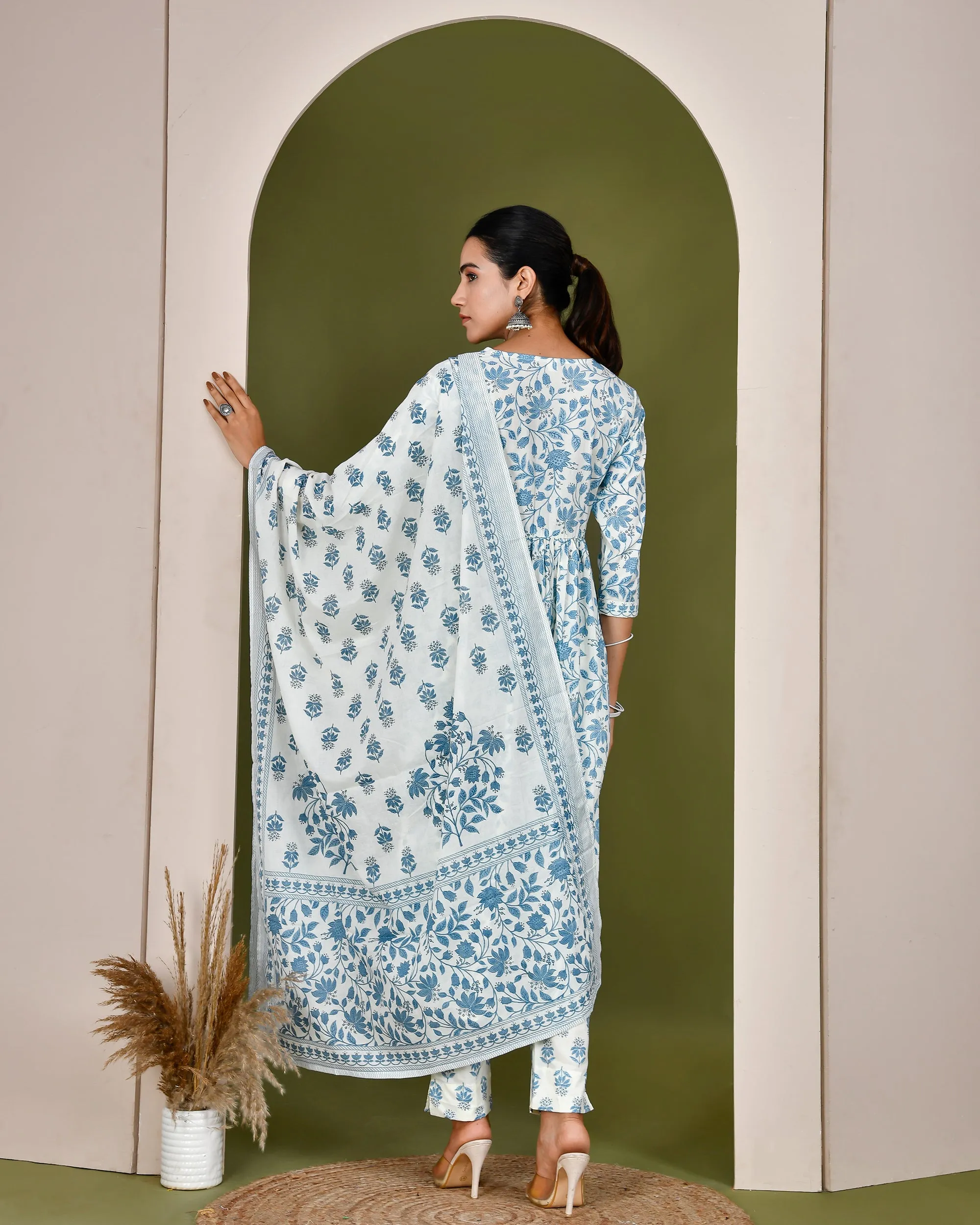 Cotton Alia cut embroidered casual pant set Blue