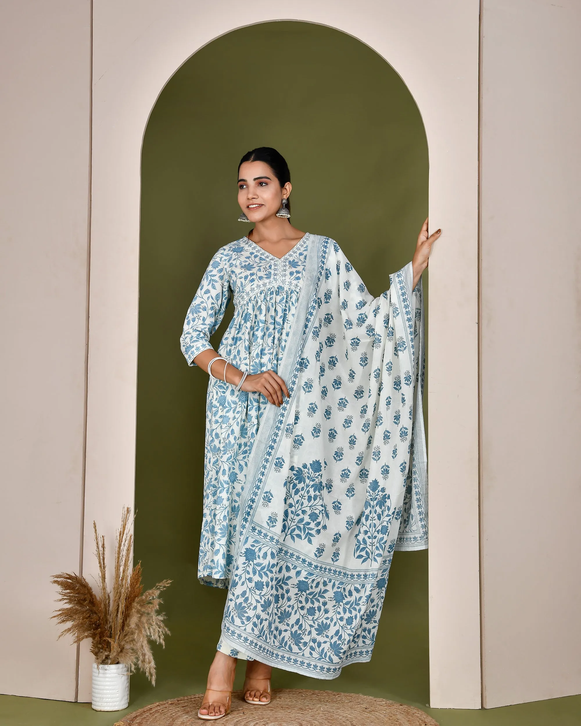 Cotton Alia cut embroidered casual pant set Blue