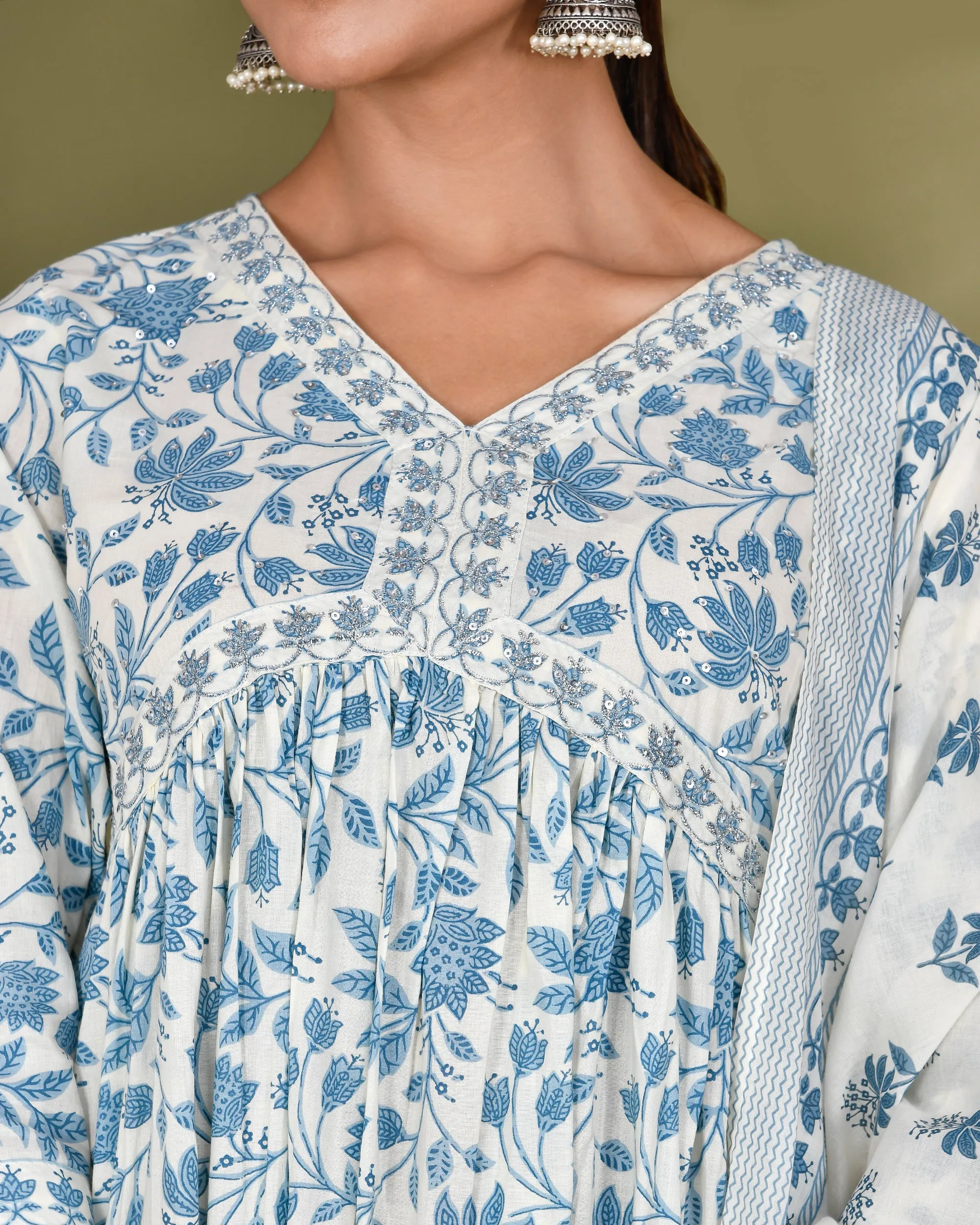 Cotton Alia cut embroidered casual pant set Blue
