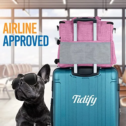 Dog Travel Bag Airline Approved for Dog and Cat Tote Organizer with Multi Function Pockets , 2 Food Containers and Collapsible Bowls , Weekend Away Dog Bag for Travel Accessories (Pink)