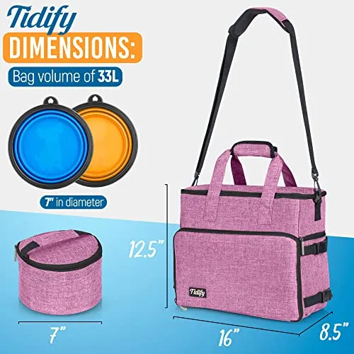 Dog Travel Bag Airline Approved for Dog and Cat Tote Organizer with Multi Function Pockets , 2 Food Containers and Collapsible Bowls , Weekend Away Dog Bag for Travel Accessories (Pink)