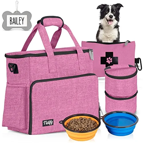 Dog Travel Bag Airline Approved for Dog and Cat Tote Organizer with Multi Function Pockets , 2 Food Containers and Collapsible Bowls , Weekend Away Dog Bag for Travel Accessories (Pink)