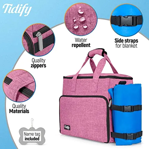 Dog Travel Bag Airline Approved for Dog and Cat Tote Organizer with Multi Function Pockets , 2 Food Containers and Collapsible Bowls , Weekend Away Dog Bag for Travel Accessories (Pink)
