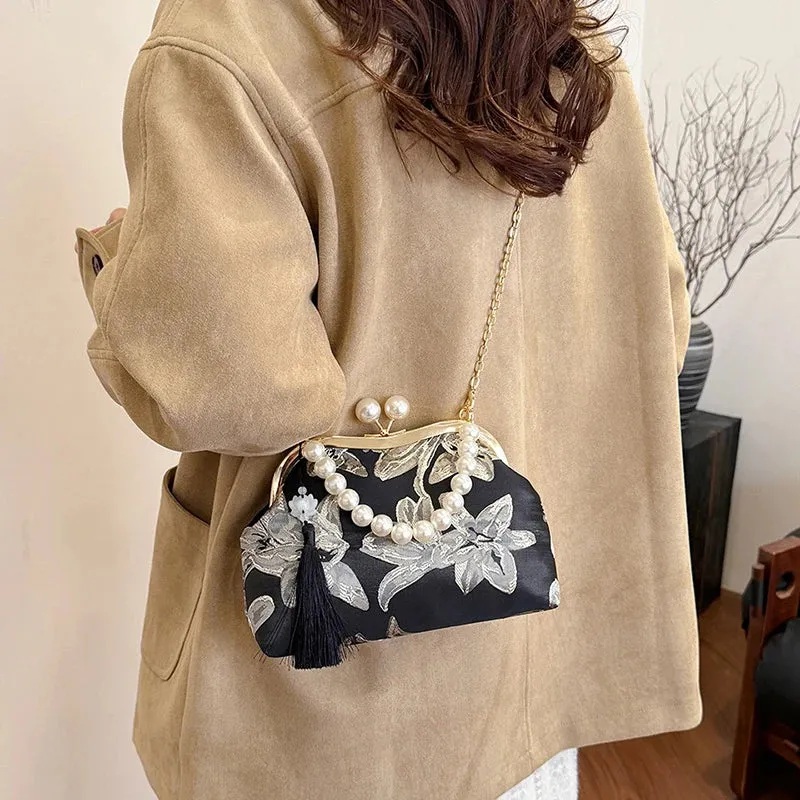 Embroidery Beaded Chain Crossbody Bag