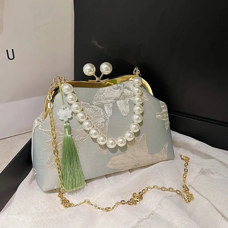 Embroidery Beaded Chain Crossbody Bag