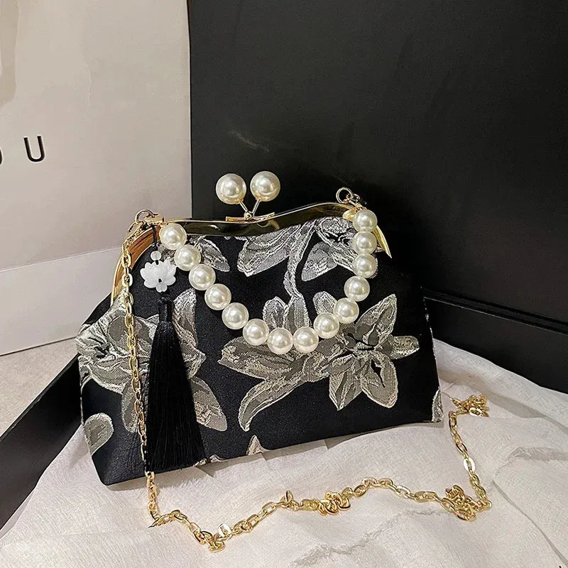 Embroidery Beaded Chain Crossbody Bag